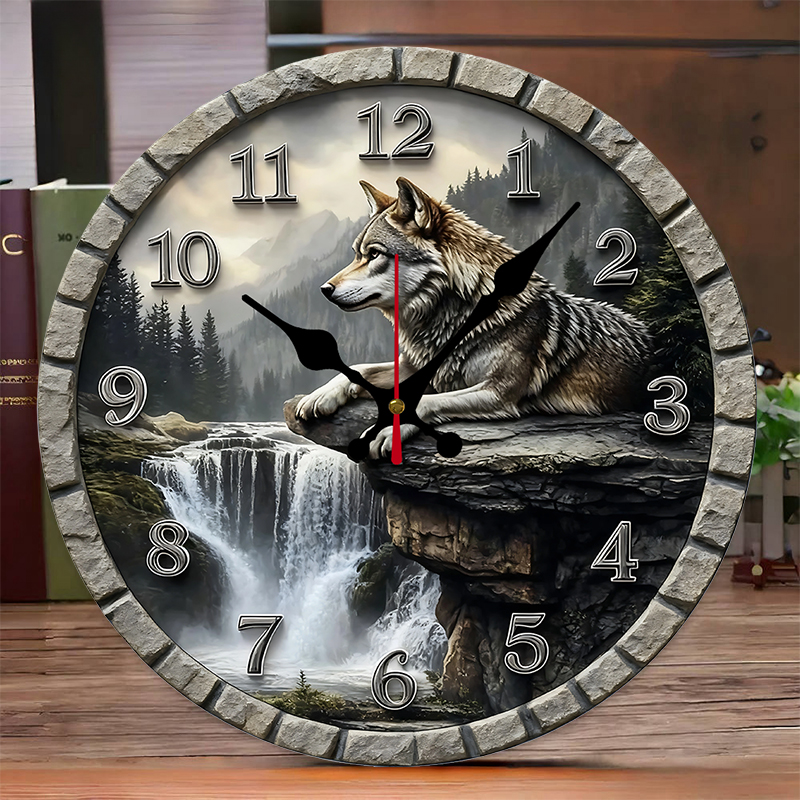 Resin Art Wall Clock - The Wolf On The Cliff Wooden