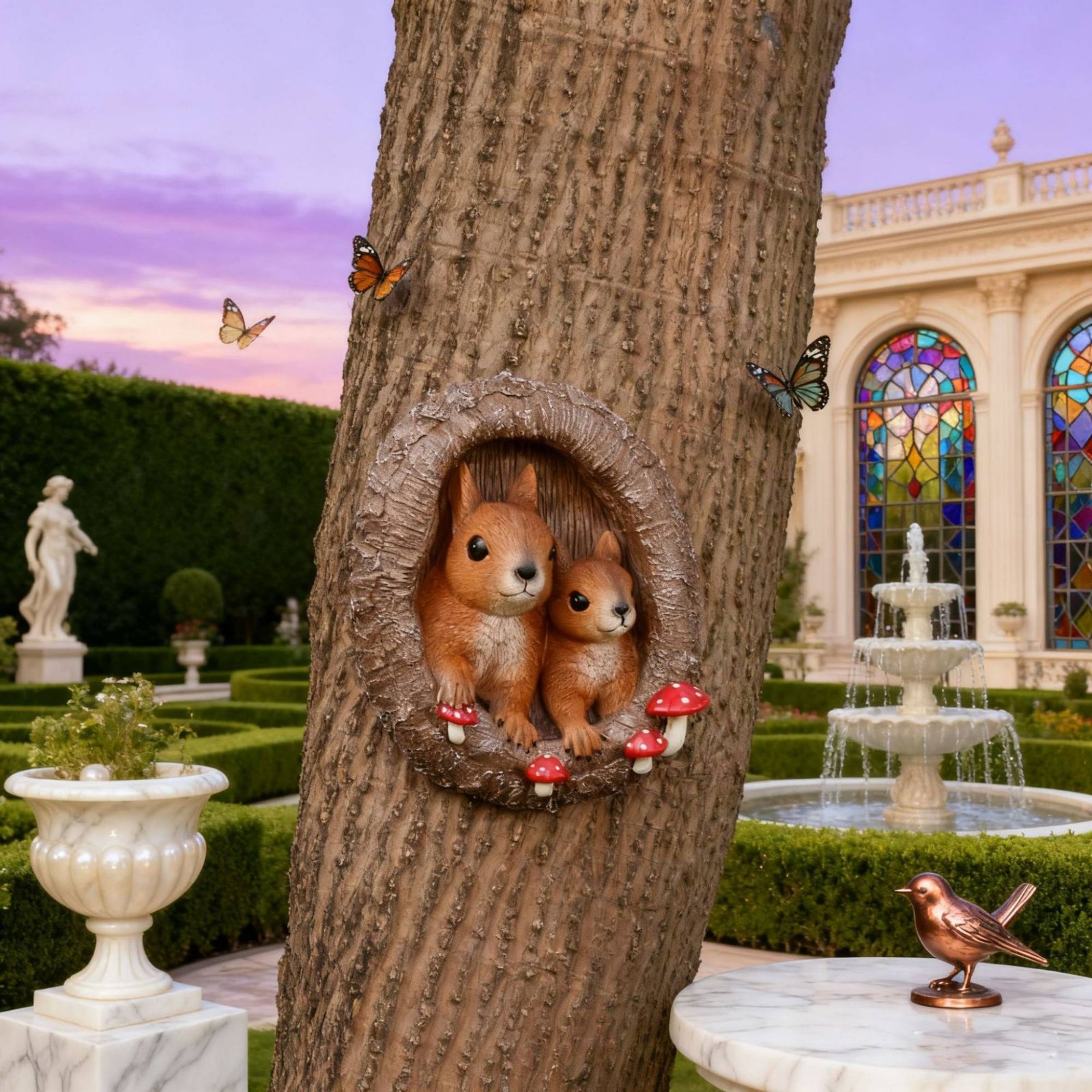 Resin Art Sculptures - Squirrels in Tree Hollow Statue Weather-Resistant