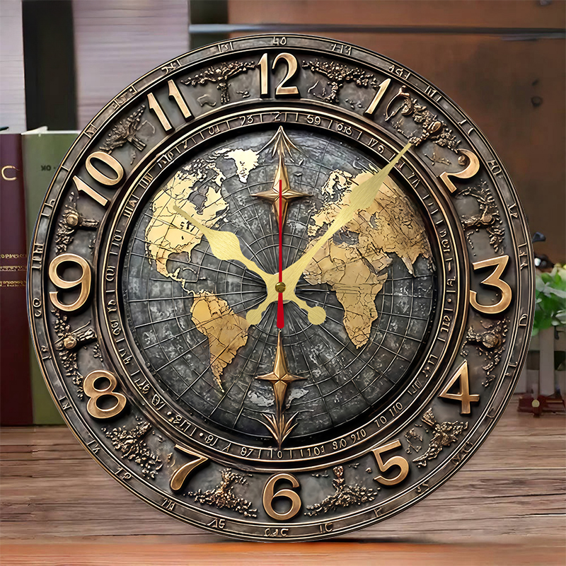 Resin Art Wall Clock - 2D Vintage World Map Wooden Round