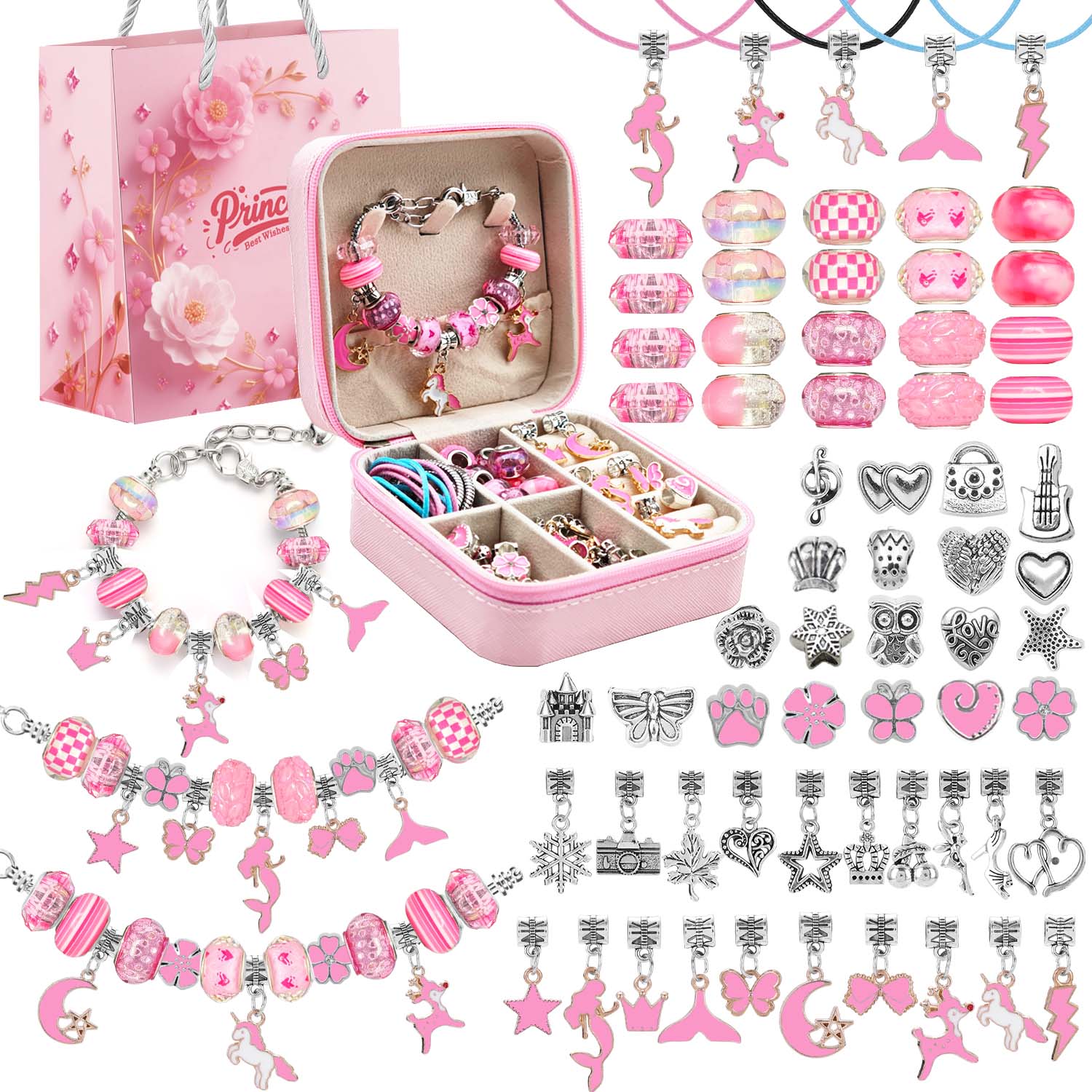 Resin Art Box - 68pcs pink beaded jewelry set, charm