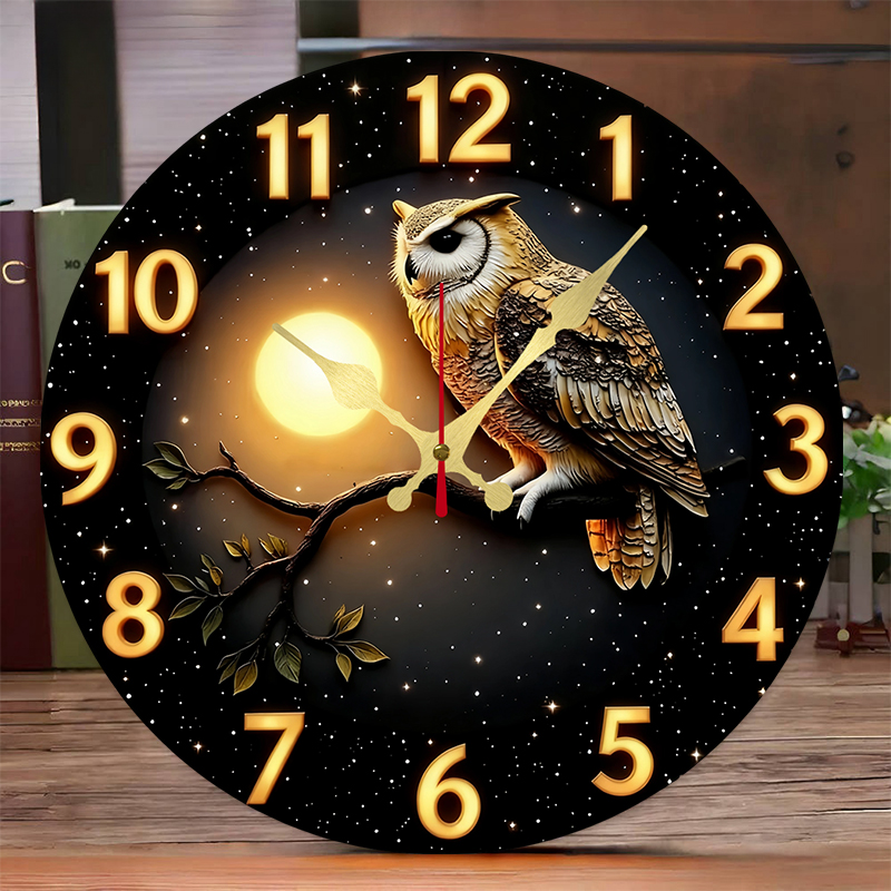 Owl Moonlit Night Wooden Round - đánh giá và giá Resin Art Wall Clock