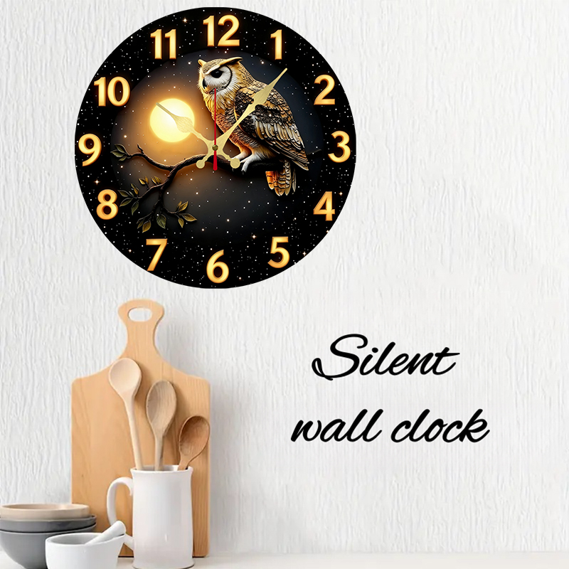 Owl Moonlit Night Wooden Round - đánh giá và giá Resin Art Wall Clock